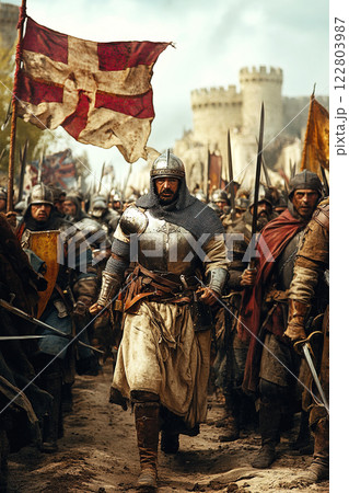 March of soldiers during the Anglo French War of 1202 to 1214 with historic battleground feel 122803987