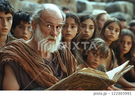 Scholar engages teenagers in philosophical discussion from ancient text Scholar engages teenagers in philosophical discussion from ancient text 122803991