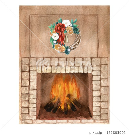Cozy watercolor fireplace with open fire and wreath. Watercolor painting of Christmas theme on white background, front view, evening light, isolated Cozy watercolor fireplace with open fire and wreath. Watercolor painting of Christmas theme on white background, front view, evening light, isolated 122803993