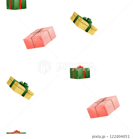 Seamless watercolor pattern with red, yellow, green gift boxes with ribbons and bows. Handmade watercolor illustration on white background for textile Seamless watercolor pattern with red, yellow, green gift boxes with ribbons and bows. Handmade watercolor illustration on white background for textile 122804051