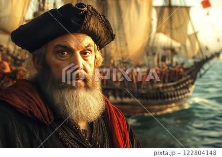 Vasco da Gama leads ship's crew on wooden galleon during arrival at Calicut Vasco da Gama leads ship's crew on wooden galleon during arrival at Calicut 122804148