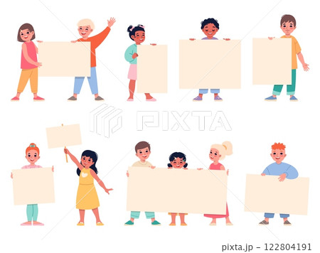 Cartoon children holding banners. Cute kids with blank boards and empty placards standing, different poses, funny boys and girls showing billboard, clean posters, vector cartoon flat set Cartoon children holding banners. Cute kids with blank boards and empty placards standing, different poses, funny boys and girls showing billboard, clean posters, vector cartoon flat set 122804191