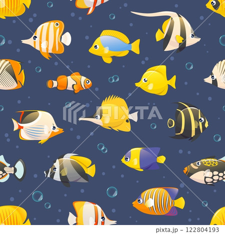 Exotic fish seamless pattern. Colorful tropical ocean inhabitants, marine patterned goldfish animals, repeated aquarium life. Decor textile, wrapping, wallpaper. Print for fabric vector background 122804193