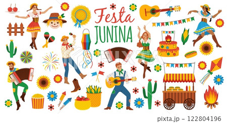 Festa junina elements. Brazil holiday, traditional harvest festival, happy dancing people, party and event participants, folk decorations cartoon flat style isolated tidy vector set 122804196