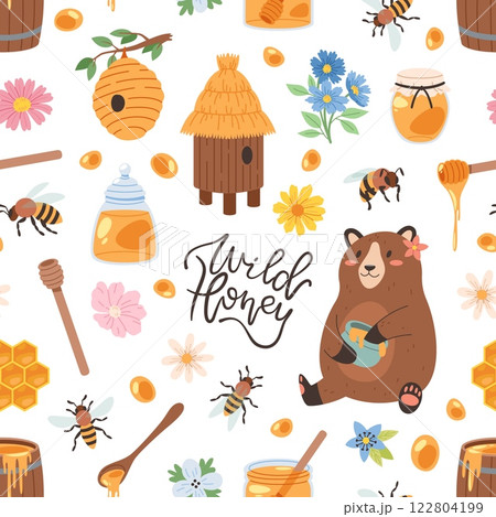 Honey products seamless pattern. Cartoon bees, apiary elements, repeated funny beehives, flowers, bear, natural food. Decor textile, wrapping, wallpaper. Print for fabric tidy vector background Honey products seamless pattern. Cartoon bees, apiary elements, repeated funny beehives, flowers, bear, natural food. Decor textile, wrapping, wallpaper. Print for fabric tidy vector background 122804199