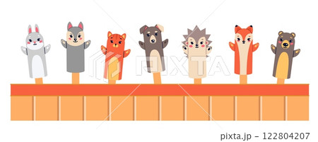 Set hand puppets animals. theater actor toys, bear fox and rabbit, forest characters. Childish entertainment show. Marionettes on fingers. Cartoon flat style isolated vector concept 122804207