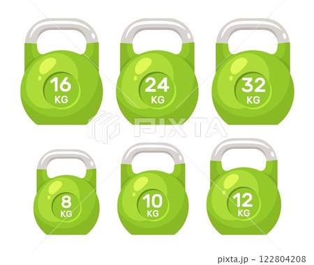 Set kettlebells with different weights. Fitness, workout or bodybuilding equipment. Gum symbol. Green dumbbell graphic icons. Sport training tools. Cartoon flat style isolated vector set 122804208