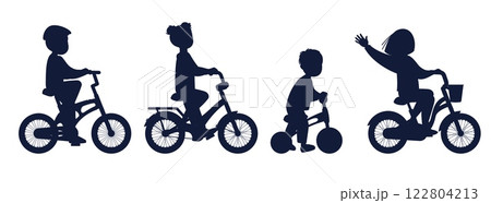 Set silhouettes children on bicycles. Happy kids transport logo or badge design, little cyclists side view. Boys and girls riding cycle or tricycle. Vector cartoon flat isolated illustration 122804213