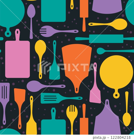 Silhouetted kitchenware seamless pattern. Repeated utensils shapes, culinary, cooking theme, restaurant tools. Decor textile, wrapping, wallpaper. Print for fabric nowaday vector background Silhouetted kitchenware seamless pattern. Repeated utensils shapes, culinary, cooking theme, restaurant tools. Decor textile, wrapping, wallpaper. Print for fabric nowaday vector background 122804218