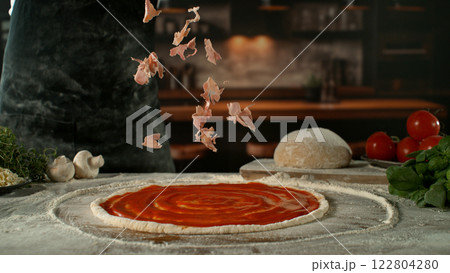 Closeup of Chef Making Pizza in Restaurant . Closeup of Pizza Preparation Closeup of Chef Making Pizza in Restaurant . Closeup of Pizza Preparation 122804280