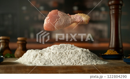 Freeze Motion of Falling Raw Chicken Leg into Flour . Closeup of Meat Preparation Freeze Motion of Falling Raw Chicken Leg into Flour . Closeup of Meat Preparation 122804290