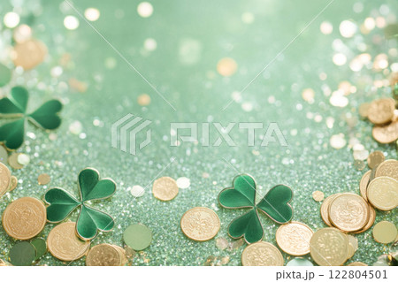 St. Patricks Day clovers and gold coins on green glitter background 122804501