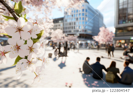 Japanese sakura Cherry blossom festival, in urban setting with people enjoying outdoors, spring, background Japanese sakura Cherry blossom festival, in urban setting with people enjoying outdoors, spring, background 122804547
