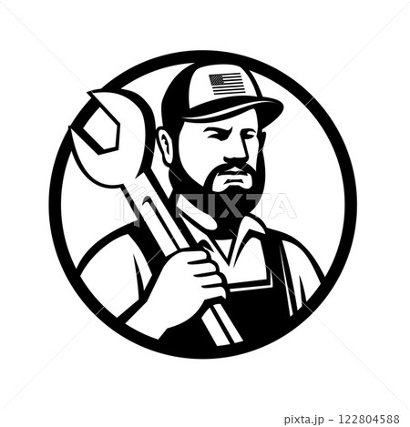American Hipster Mechanic with Spanner Circle Mascot Retro Style 122804588