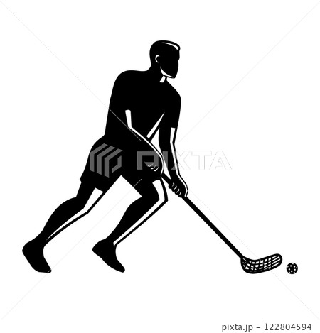 Male Floorball Player With Stick and Ball Silhouette Retro Male Floorball Player With Stick and Ball Silhouette Retro 122804594