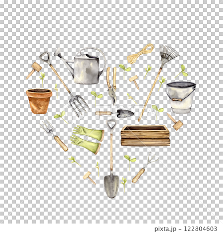 Gardening tools in heart-shaped composition 122804603