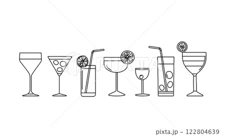 Various cocktails outline. Lemon slice decorations and straws added. Suitable restaurant menu design and bar promotions. Minimalist line art style with white background Various cocktails outline. Lemon slice decorations and straws added. Suitable restaurant menu design and bar promotions. Minimalist line art style with white background 122804639