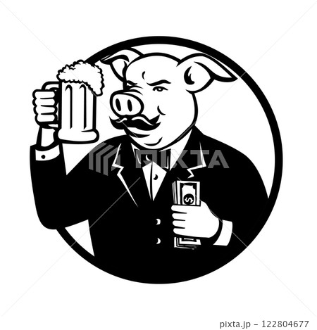 Mister Pig Wearing Tuxedo Holding Beer Mug and Cash Mascot Retro 122804677