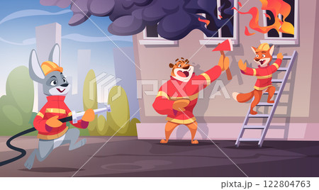Firefighter animals. Zoo funny animals work as firefighters exact vector cartoon background template 122804763