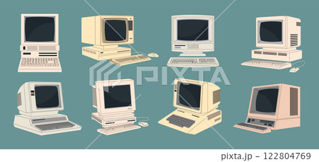Retro devices. Historical technologies 80s and 90s electronic equipment old style computers recent vector flat pictures template Retro devices. Historical technologies 80s and 90s electronic equipment old style computers recent vector flat pictures template 122804769