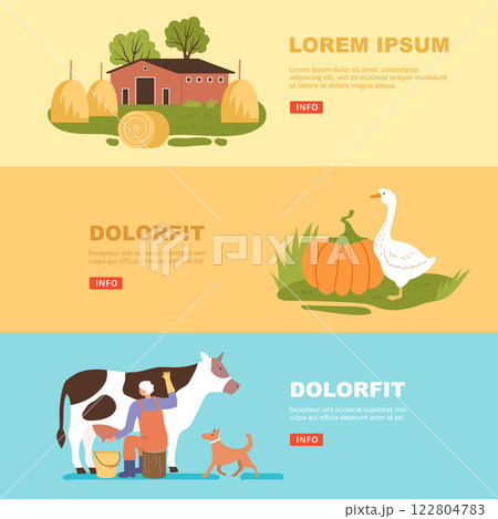 Farmers. banners with farm lifestyle daily routine on village. vector farm animals in flat style 122804783