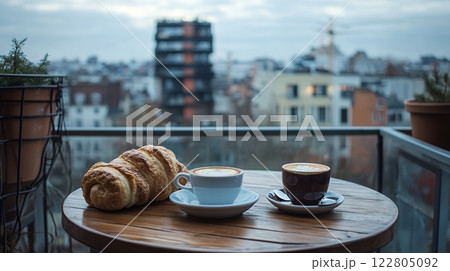 A cozy breakfast setup on a balcony overlooking a cityscape, featuring fresh pastries and coffee 122805092