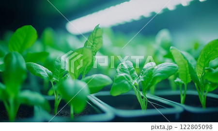 Lush green seedlings growing under bright grow lights, symbolizing modern agriculture and growth 122805098
