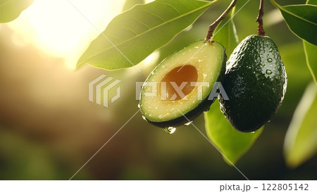 Ripe avocados, halved and whole, hang from a tree branch, glistening with morning dew Ripe avocados, halved and whole, hang from a tree branch, glistening with morning dew 122805142