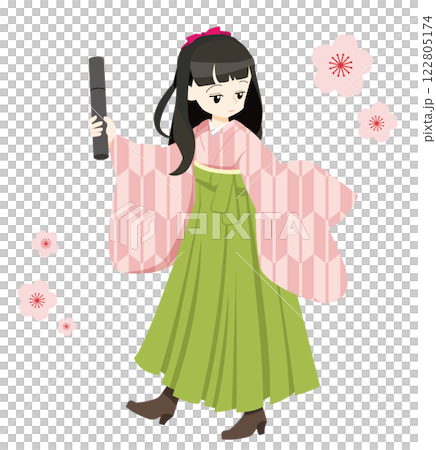 卒業式でピンクの二尺袖に袴を着た女の子のイラスト 122805174