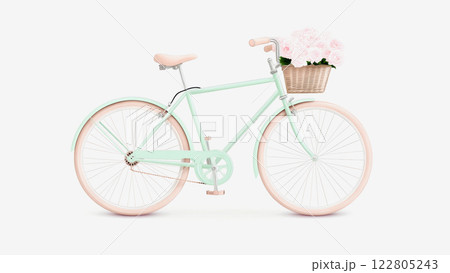 Delightful bicycle featuring a floral basket, perfect for inviting outdoor wellness excursions 122805243