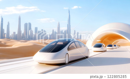 Solar powered vehicles navigate a mercury desert en route to a futuristic city dome in the distance 122805285