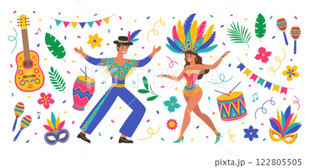 Brazil Carnival set with man and woman in costumes with feathers, guitar, maracas, drums, masks, flowers, leaves, garlands and confetti. Music festival. Vector flat illustration for banner, poster 122805505