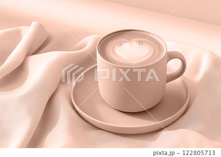 Mocha mousse beige mug showcases beautiful latte art on a silk sating folded cloth background. Modern trendy tone hue shade Mocha mousse beige mug showcases beautiful latte art on a silk sating folded cloth background. Modern trendy tone hue shade 122805713