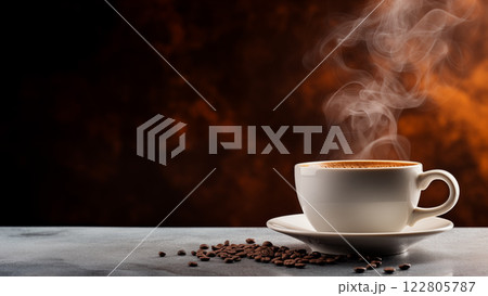 Steaming cup of coffee with coffee beans on a table Steaming cup of coffee with coffee beans on a table 122805787