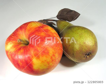 Close-Up of Apple and Pear on White Background Close-Up of Apple and Pear on White Background 122805803