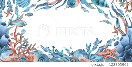 Underwater world with sea animals, shells, corals, fish, seaweed, starfish and bubbles. Hand drawn watercolor illustration. Marine rectangular horizontal frame, banner, template for text. 122805961