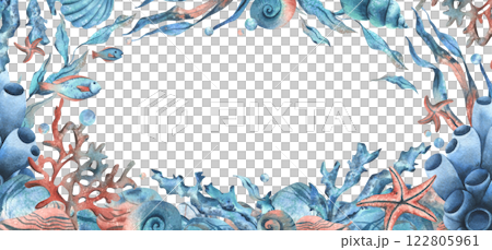 Underwater world with sea animals, shells, corals, fish, seaweed, starfish and bubbles. Hand drawn watercolor illustration. Marine rectangular horizontal frame, banner, template for text. 122805961
