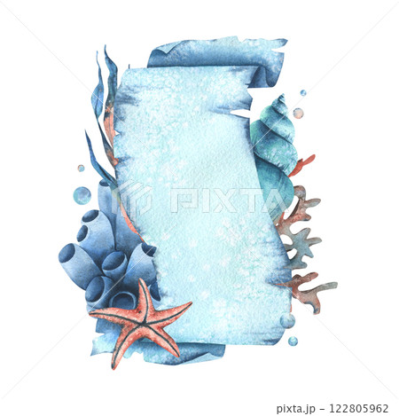 Paper banner scroll, in marine theme with underwater animals, shells, seaweed, corals, starfish and bubbles. Watercolor hand drawn illustration. Rectangular vertical frame, banner, template for text 122805962