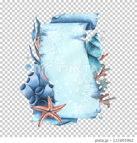 Paper banner scroll, in marine theme with underwater animals, shells, seaweed, corals, starfish and bubbles. Watercolor hand drawn illustration. Rectangular vertical frame, banner, template for text 122805962