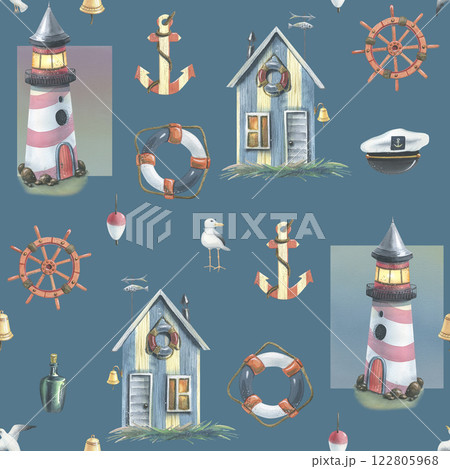 Watercolor illustration on the theme of sea fishing with a seamless pattern. Boat, lighthouse, fishing lodge, seagulls, flags, barrel, steering wheel, anchor, lifebuoy. For fabric, print, wallpaper. 122805968