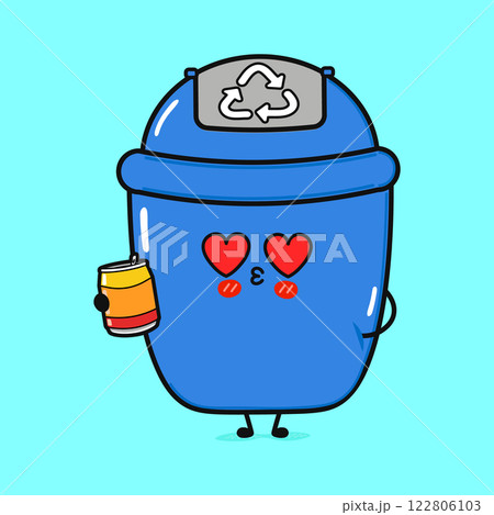 Cute blue recycling bin holding a soda can on a light blue background expressing joy 122806103