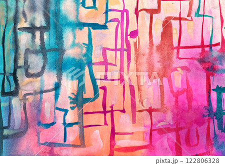 watercolor graphic doodle lines and spots of paint of pink and blue color 122806328