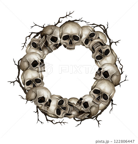 Frame with skulls in a circle and dry bare branches. Watercolor illustration isolated from the background. Hand drawn template for Halloween, Gothic design, logo, packaging, web design, greeting card 122806447