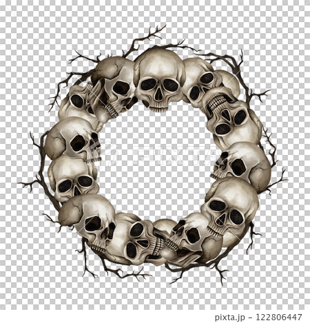 Frame with skulls in a circle and dry bare branches. Watercolor illustration isolated from the background. Hand drawn template for Halloween, Gothic design, logo, packaging, web design, greeting card 122806447