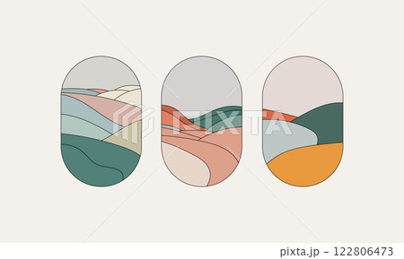 A minimalist collection of abstract landscape designs with geometric shapes and soft, natural colors. Suitable for posters, branding, and stylish decor. A minimalist collection of abstract landscape designs with geometric shapes and soft, natural colors. Suitable for posters, branding, and stylish decor. 122806473