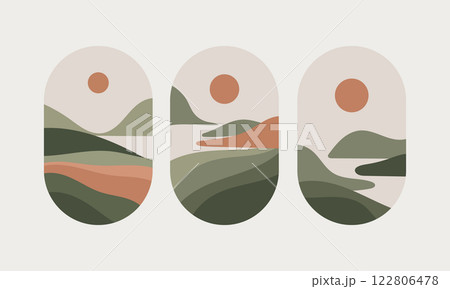 A collection of abstract landscape compositions with rolling hills and the sun in warm, earthy colors. Ideal for posters, art prints, and digital decor. A collection of abstract landscape compositions with rolling hills and the sun in warm, earthy colors. Ideal for posters, art prints, and digital decor. 122806478