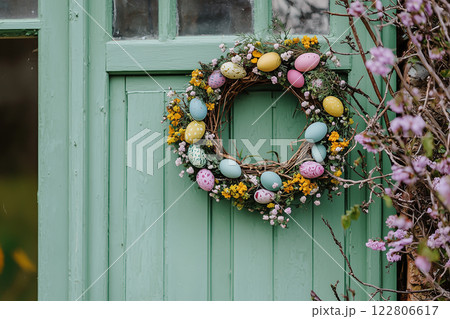 Easter wreath with flowers and colorful eggs on the light of the green front door of the house 122806617