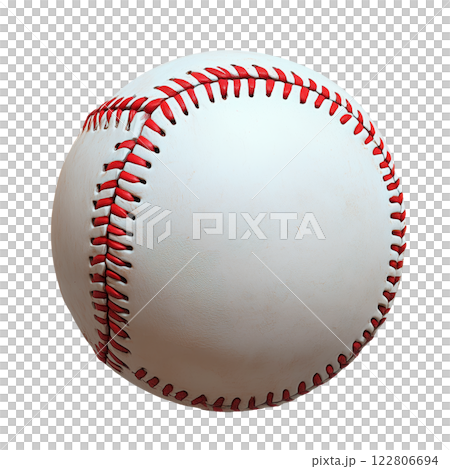 Old and worn baseball isolated on a transparent background. Classic white ball with red stitching, showing signs of wear and tear from gameplay. Old and worn baseball isolated on a transparent background. Classic white ball with red stitching, showing signs of wear and tear from gameplay. 122806694