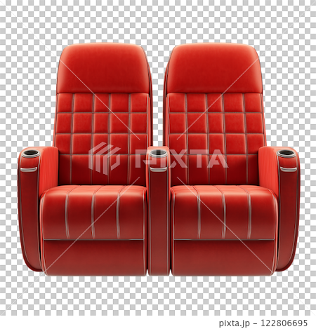 Pair of red cinema seats isolated on a transparent background. Two comfortable theater chairs with cup holders, upholstered seating for entertainment venues. Pair of red cinema seats isolated on a transparent background. Two comfortable theater chairs with cup holders, upholstered seating for entertainment venues. 122806695