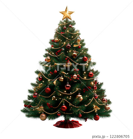 Decorated Christmas tree adorned with red and gold ornaments, twinkling fairy lights, and a golden star topper, isolated on a transparent background 122806705
